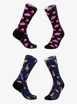 Pink UFO Alien And Rocket Ships Socks 2 Pairs