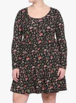Woodland Mushroom Tiered Long-Sleeve Dress Plus Size