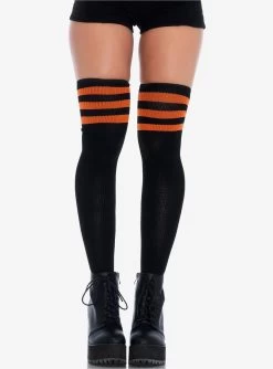 Black & Orange Stripe Ribbed Athletic Thigh High Socks