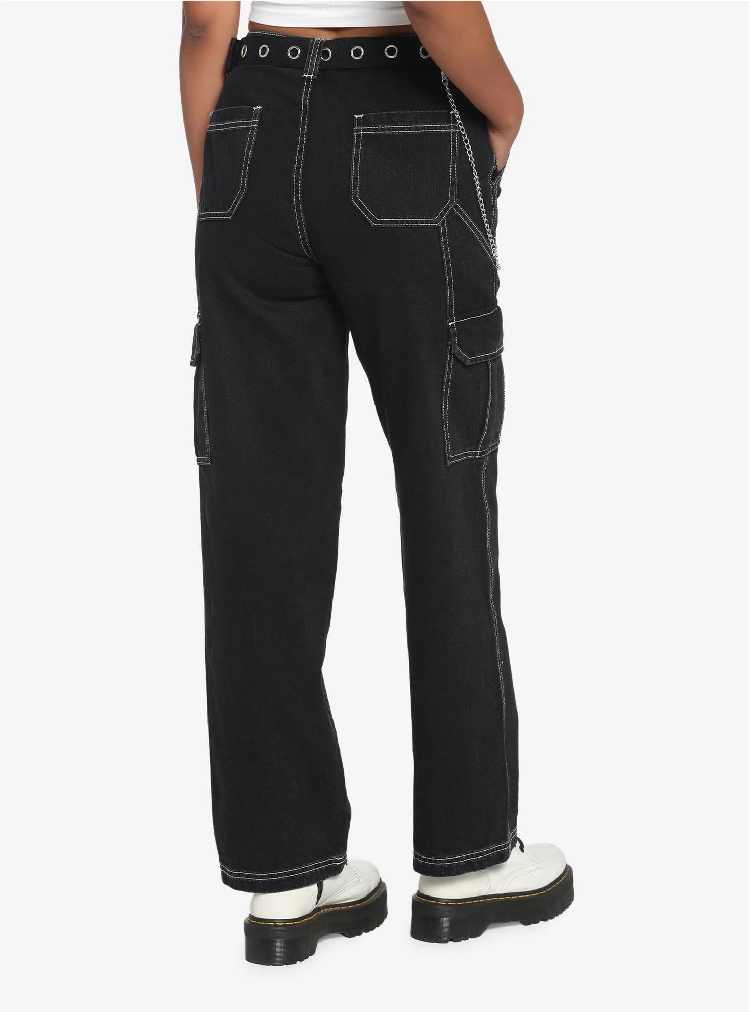 Black Cargo Side Chain Carpenter Pants With Belt - Image 2
