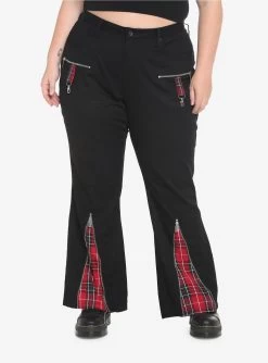 Black & Red Plaid Razor Zipper Flare Jeans Plus Size