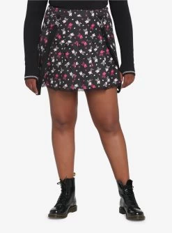 Black & Pink Skulls Pleated Suspender Skirt Plus Size