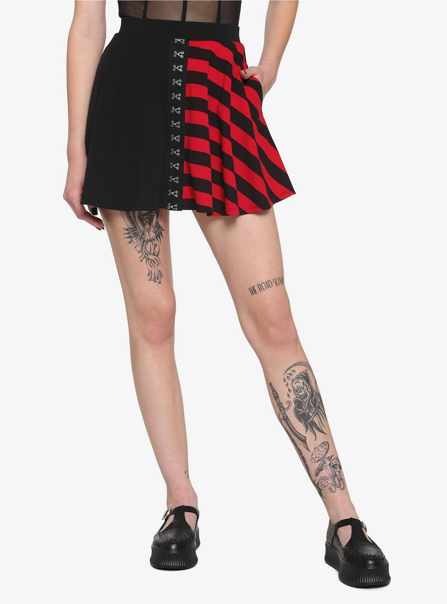 Black & Red Stripe Split Hook-And-Eye Skirt