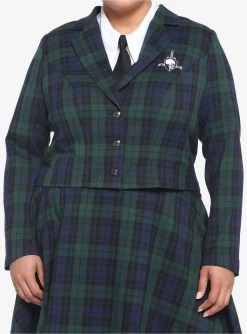 Green & Blue Plaid Girls Crop Blazer Plus Size