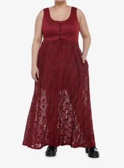 Burgundy Skulls Lace-Up Maxi Dress Plus Size