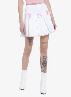 Pink Bow Lace Trim Pleated Skirt
