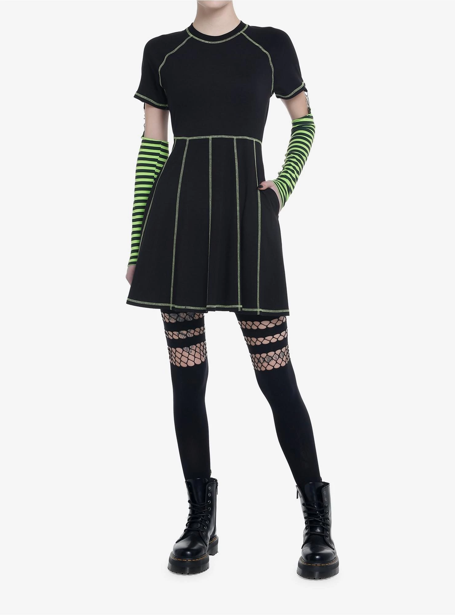 Social Collision Black & Green Contrast Stitch Arm Warmer Dress - Image 2