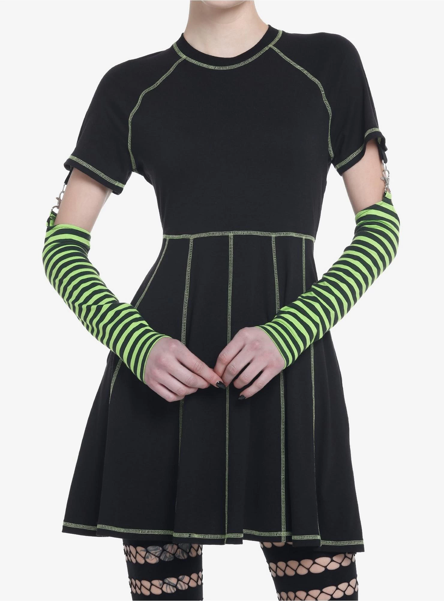 Social Collision Black & Green Contrast Stitch Arm Warmer Dress