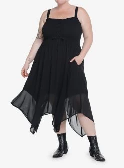 Thorn & Fable Black Lace-Up Hanky Hem Dress Plus Size
