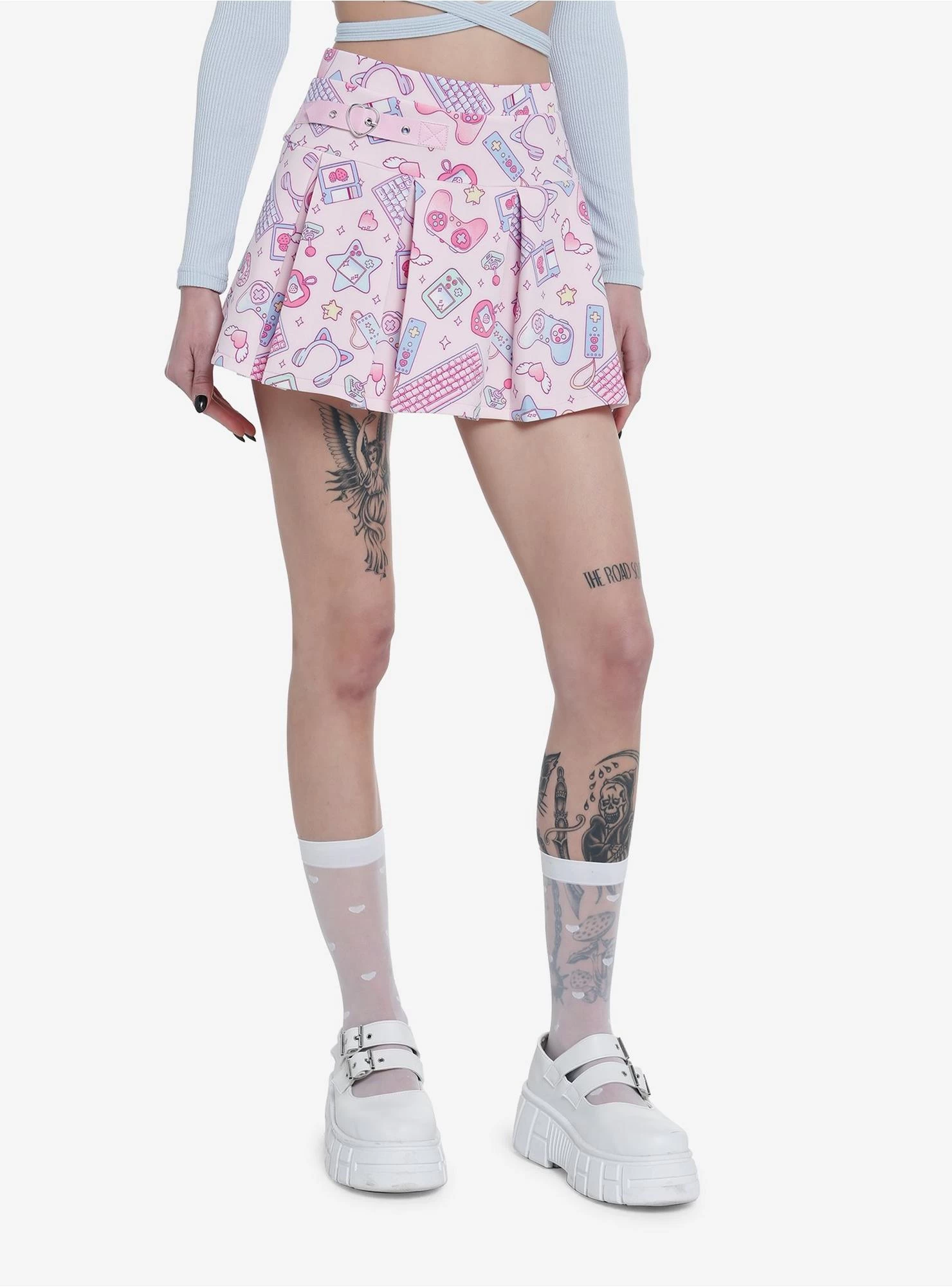 Pink Gamer Icons Pleated Scuba Skirt
