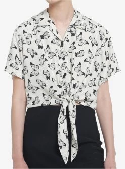 Ivory Butterflies Tie-Front Girls Woven Button-Up