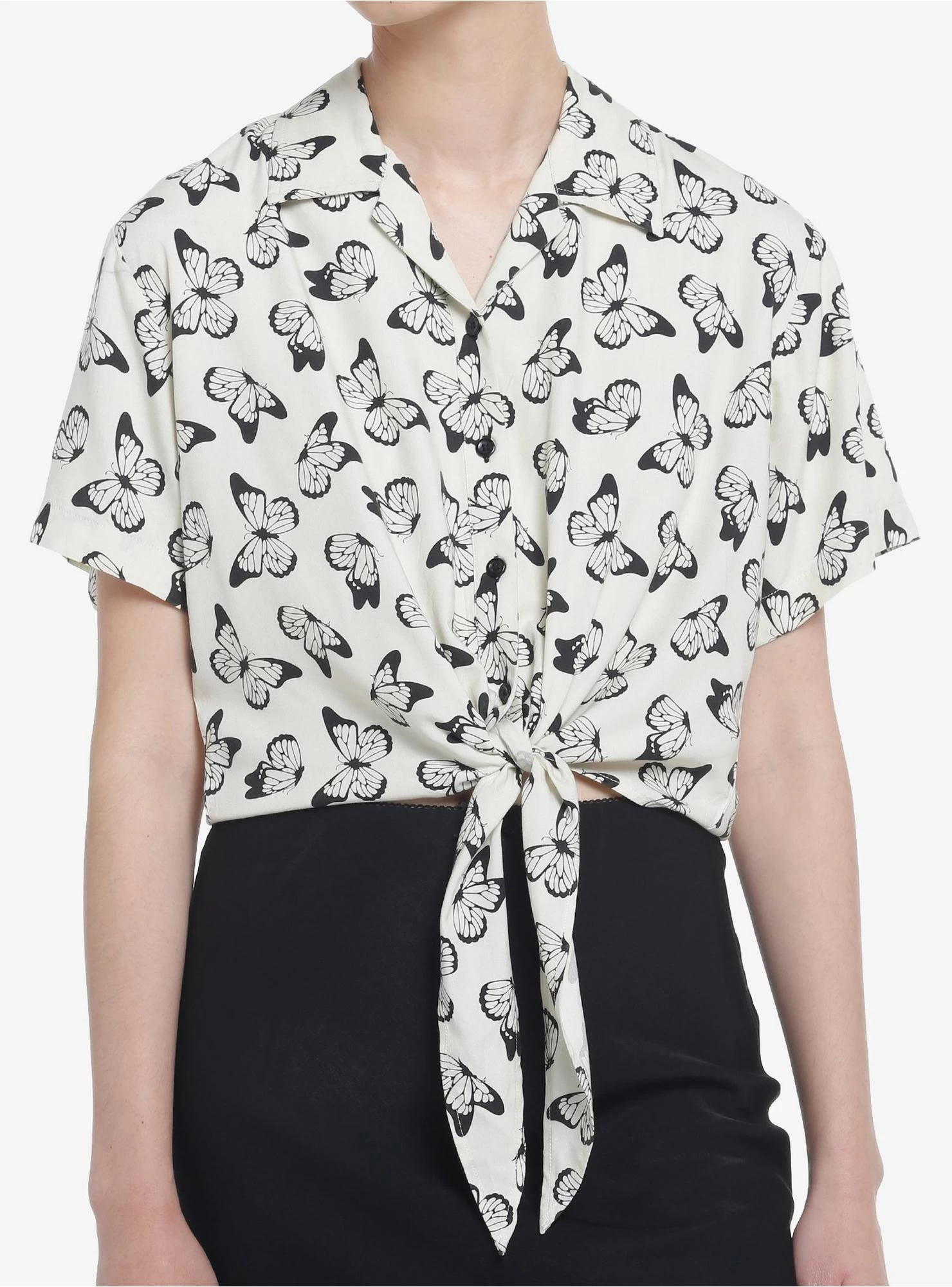 Ivory Butterflies Tie-Front Girls Woven Button-Up