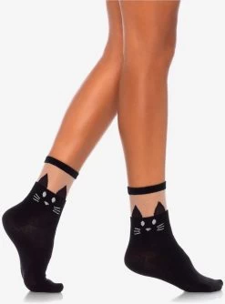 Black Cat Ankle Socks With Sheer Top Black