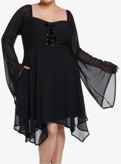 Cosmic Aura Black Lace-Up Bell Sleeve Dress Plus Size