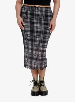 Social Collision Black Plaid Mesh Midi Skirt Plus Size