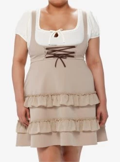 Coffee Lace-Up Tiered High-Waisted Suspender Skirt Plus Size