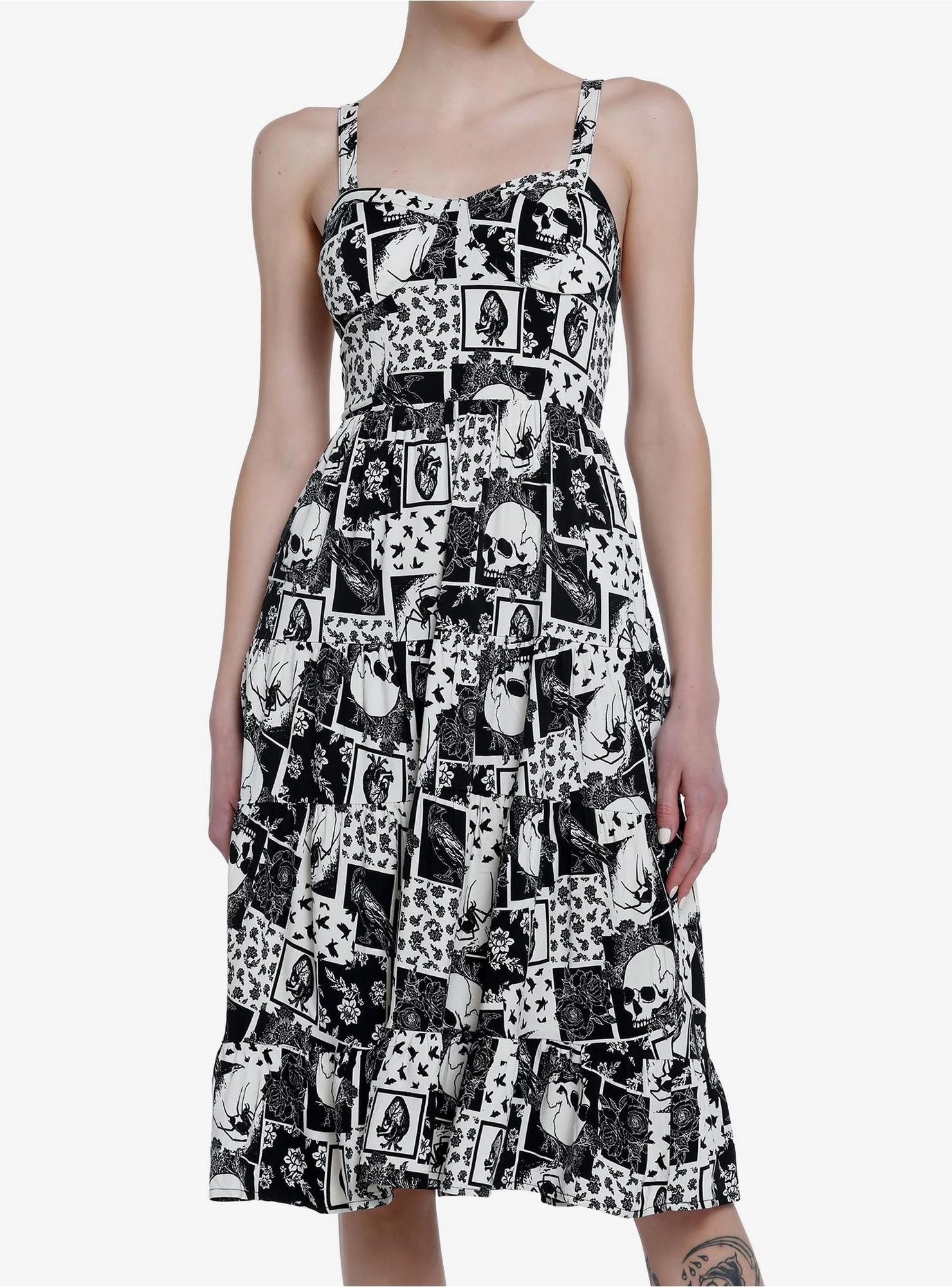 Thorn & Fable Skull Raven Patchwork Midi Dress