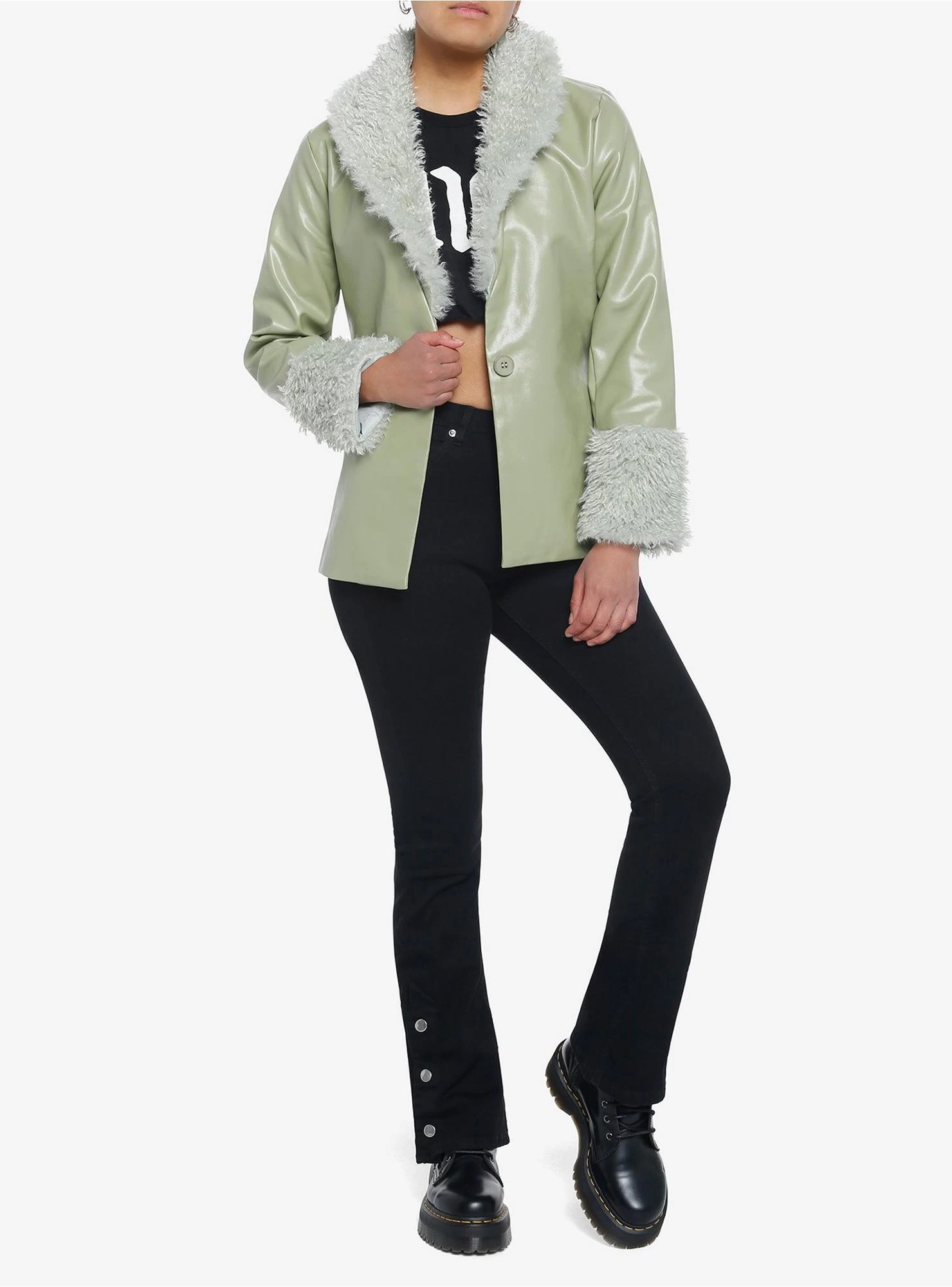 Green Fuzzy Trim Girls Faux Leather Jacket - Image 2