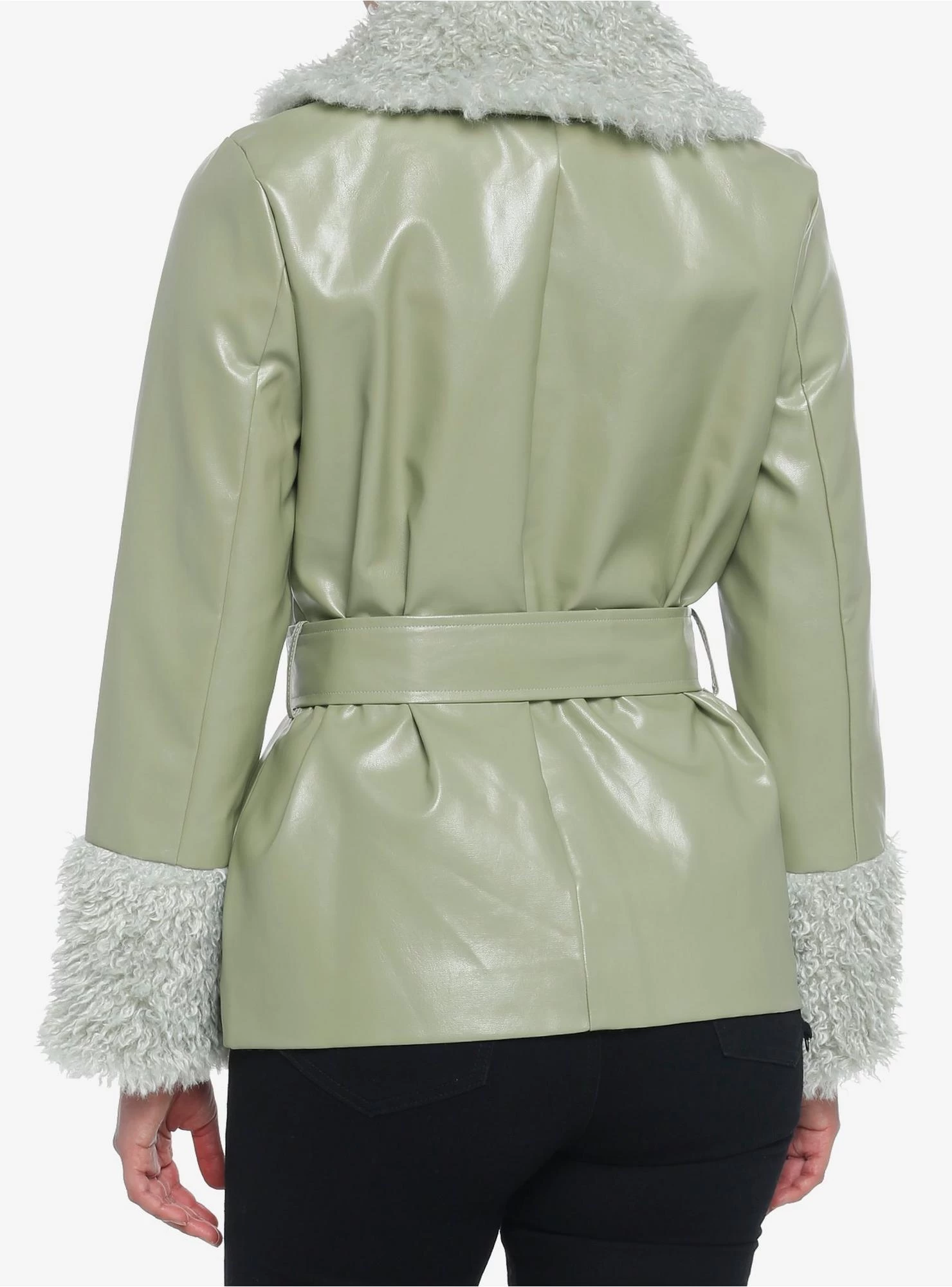 Green Fuzzy Trim Girls Faux Leather Jacket - Image 3