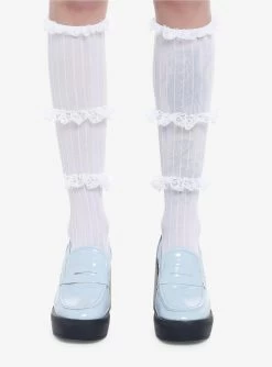 White Ruffle Sheer Knee-High Socks