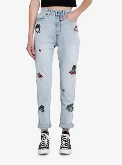 HT Denim Frogs & Mushrooms Embroidered Mom Jeans