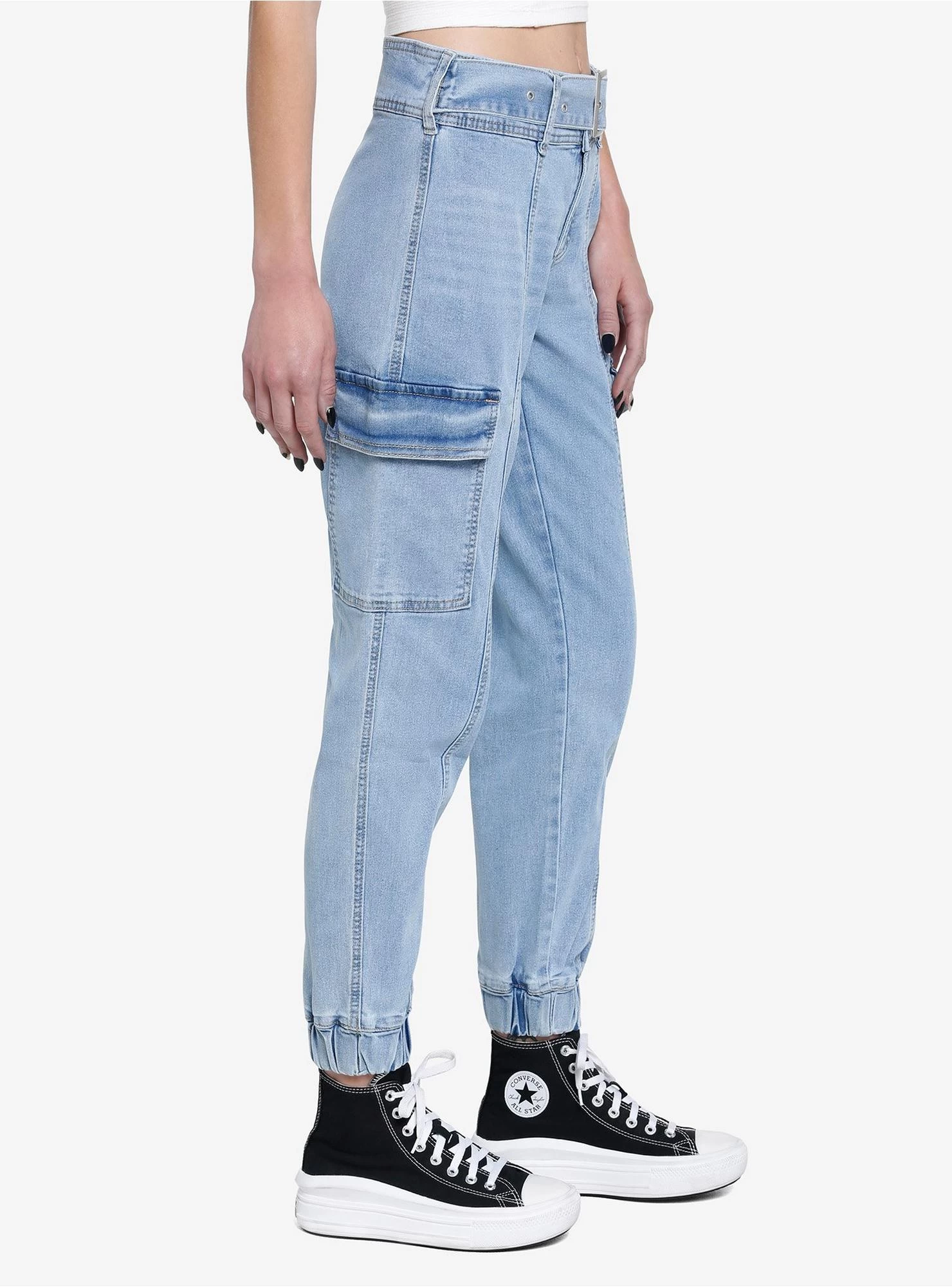 Light Indigo Belted Denim Jogger Pants - Image 3