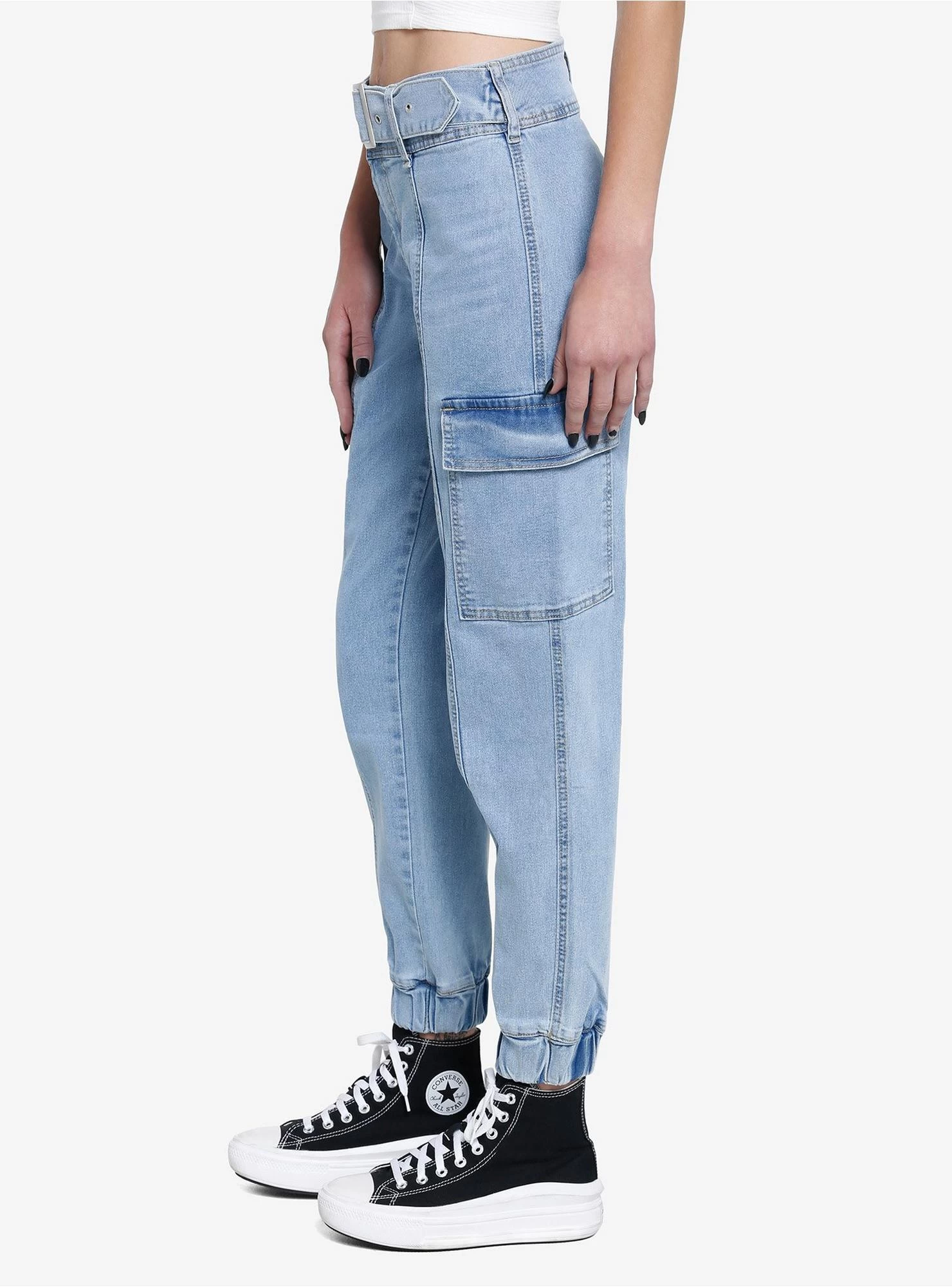 Light Indigo Belted Denim Jogger Pants - Image 4