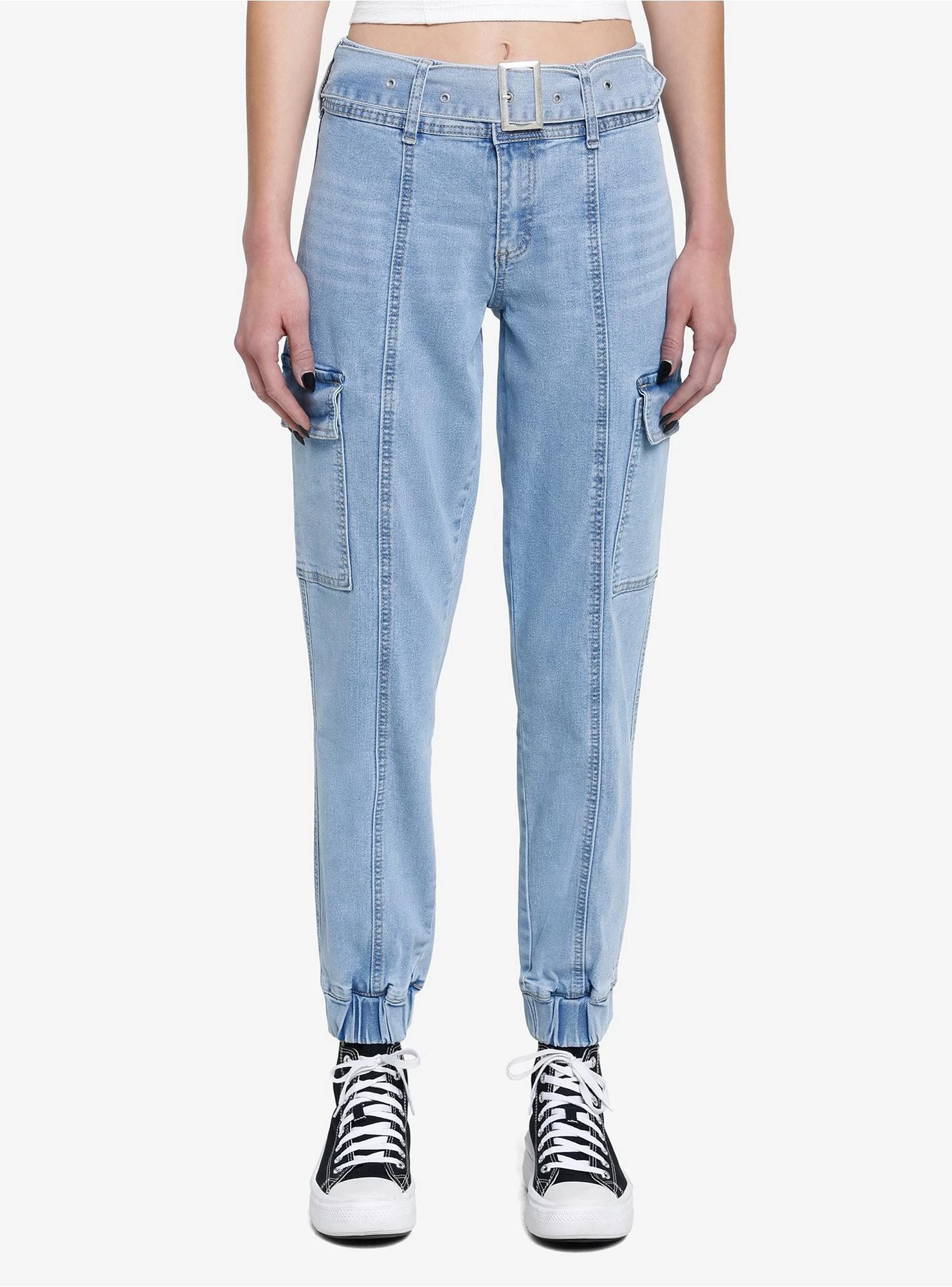 Light Indigo Belted Denim Jogger Pants