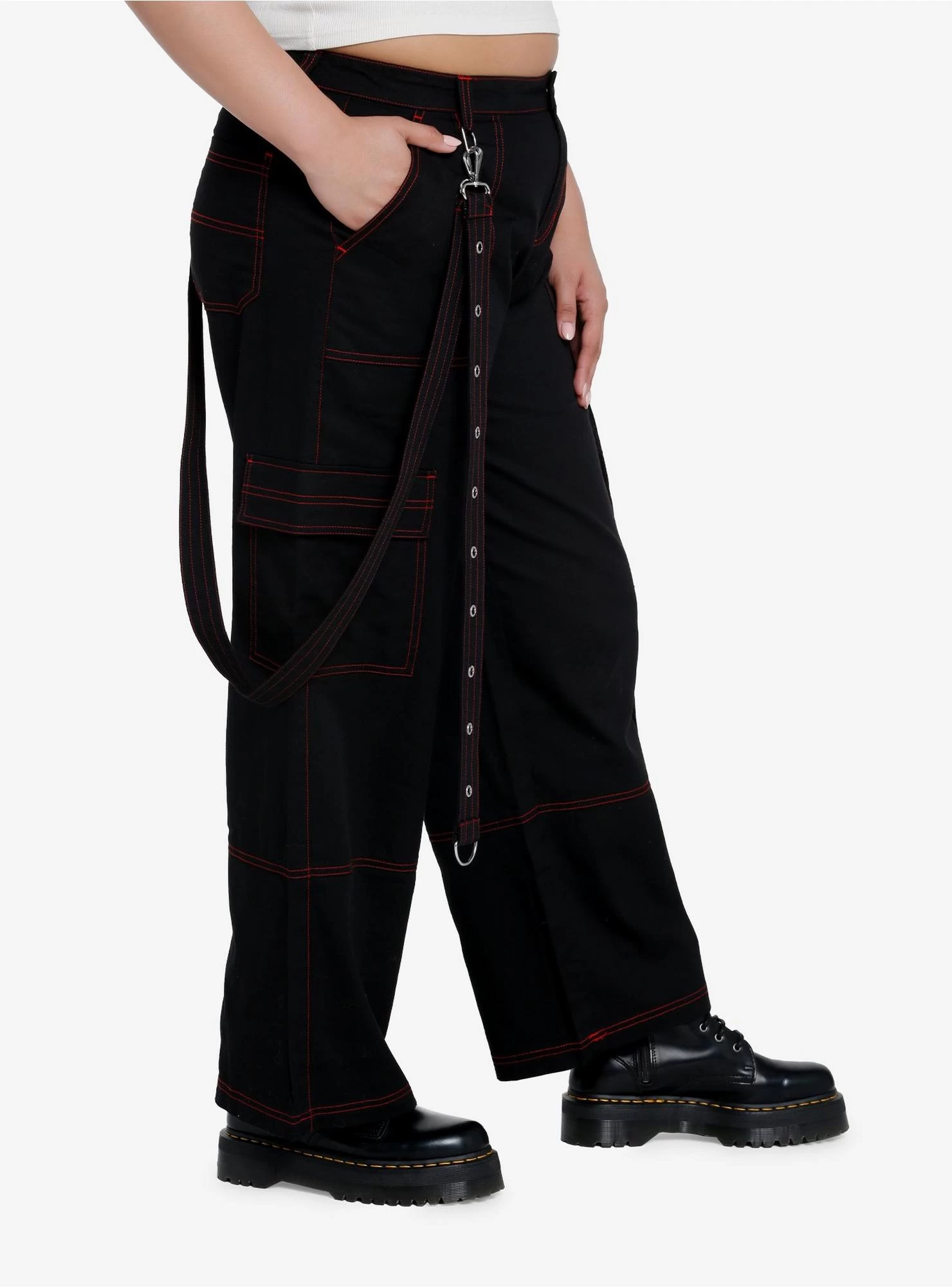Red Stitch Black Cargo Suspender Pants Plus Size - Image 3
