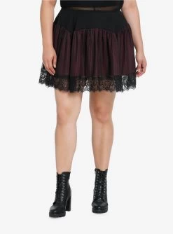 Thorn & Fable Burgundy & Black Lace Mesh Skirt Plus Size