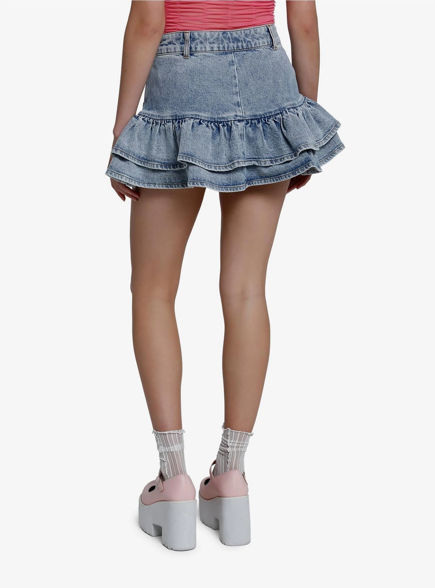 Social Collision Light Indigo Ruffle Denim Skirt With Studs - Image 2