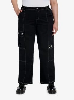 Black White Contrast Grommet Carpenter Pants Plus Size