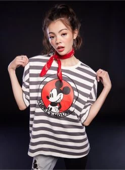 Disney Mickey Mouse Stripe Girls Oversized Drop Shoulder Top
