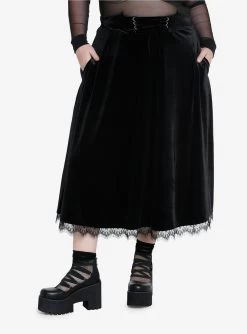 Cosmic Aura Black Bat Velvet Midi Skirt Plus Size