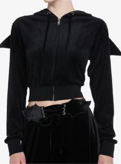 Cosmic Aura Black Velvet Bat Wing Girls Crop Hoodie