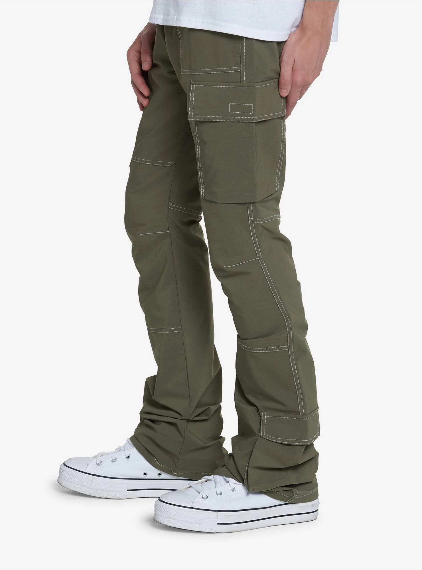 Olive Green Contrast Stitch Cargo Pants - Image 3