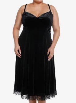 Cosmic Aura Black Velvet Lace Midi Dress Plus Size