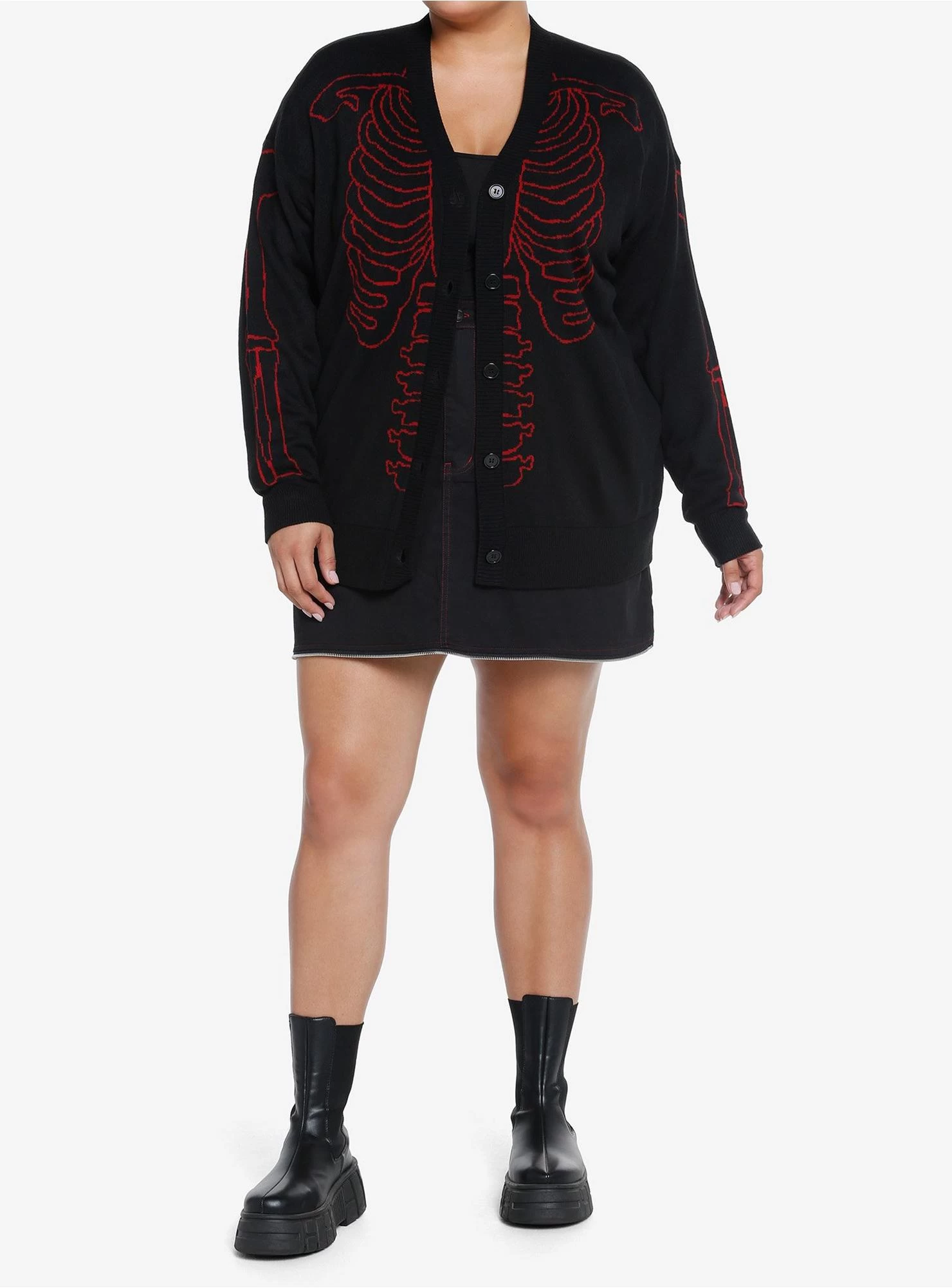 Social Collision Red & Black Rib Cage Knit Girls Cardigan Plus Size - Image 2