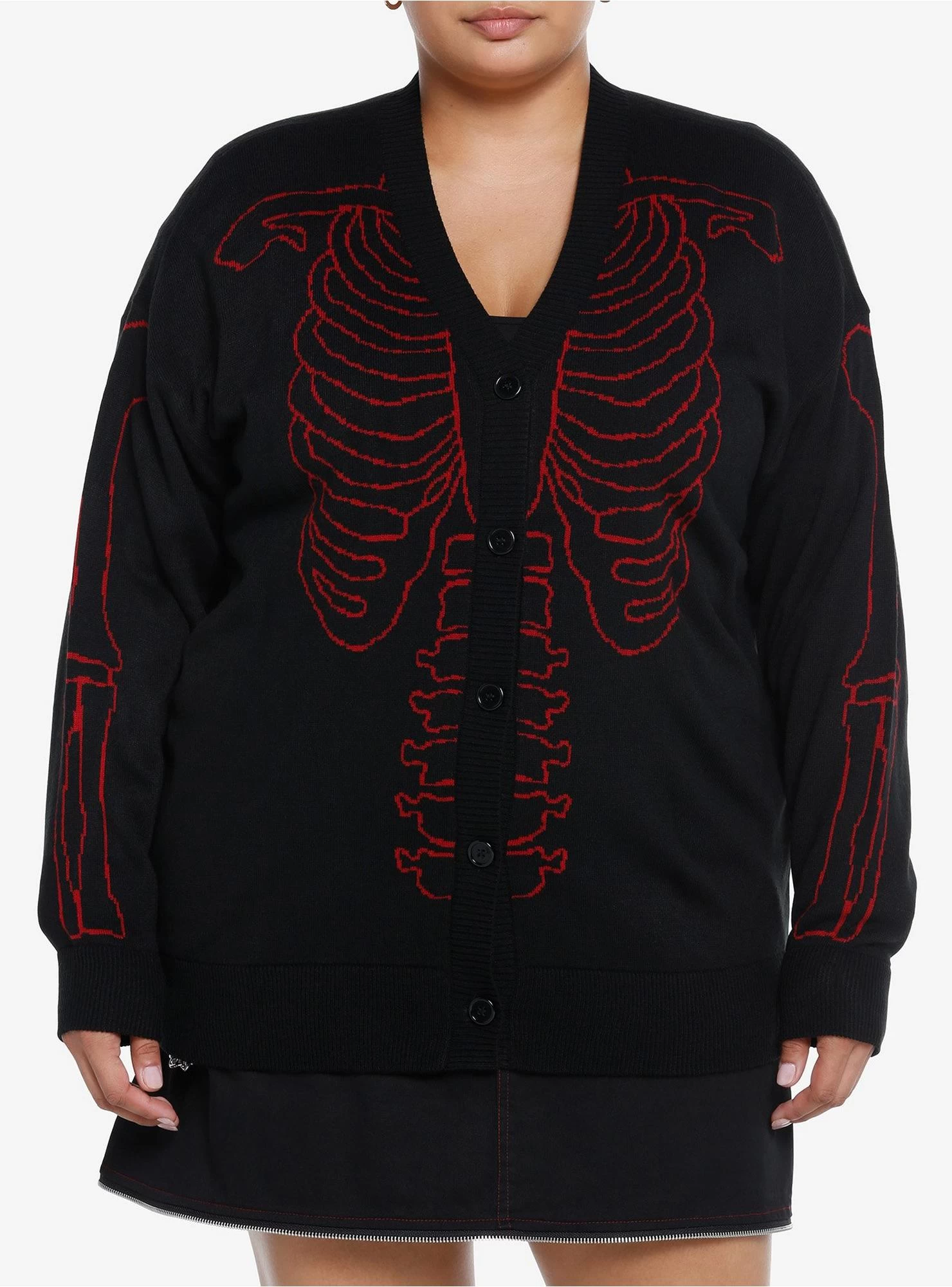 Social Collision Red & Black Rib Cage Knit Girls Cardigan Plus Size