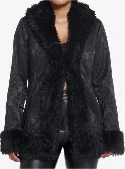 Cosmic Aura Black Brocade Faux Fur Trim Girls Jacket