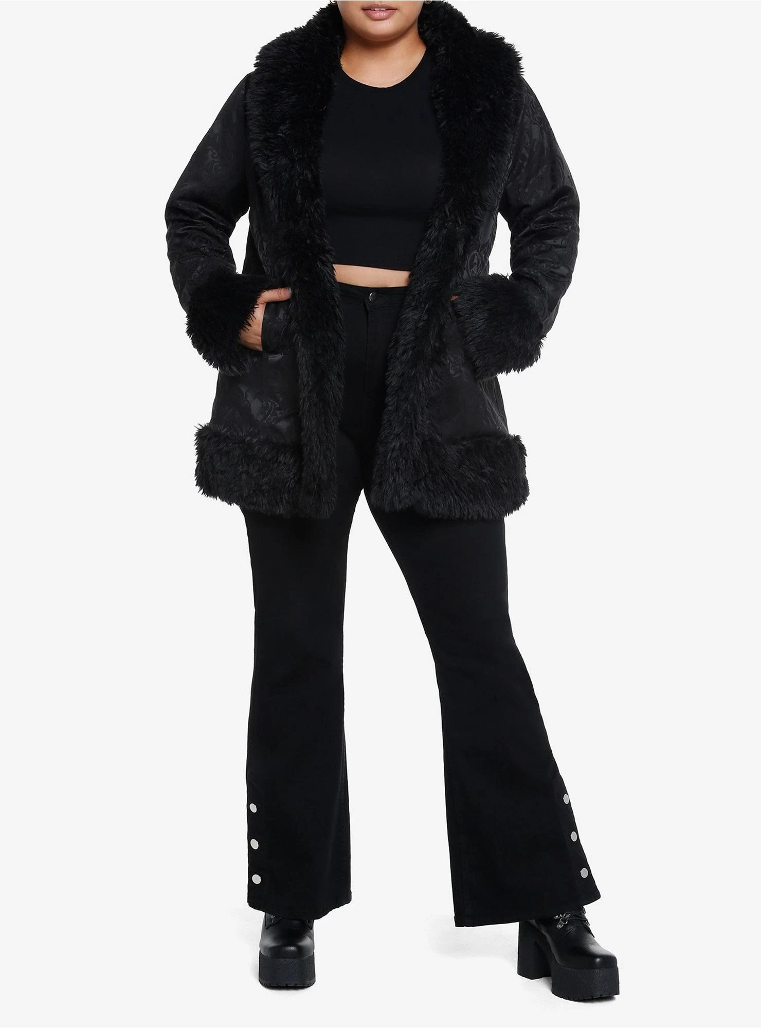 Cosmic Aura Black Brocade Faux Fur Trim Girls Jacket Plus Size - Image 2