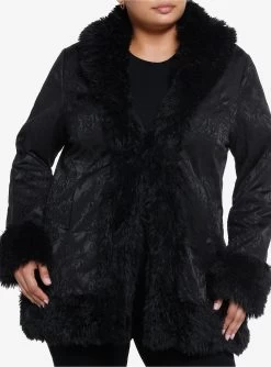 Cosmic Aura Black Brocade Faux Fur Trim Girls Jacket Plus Size
