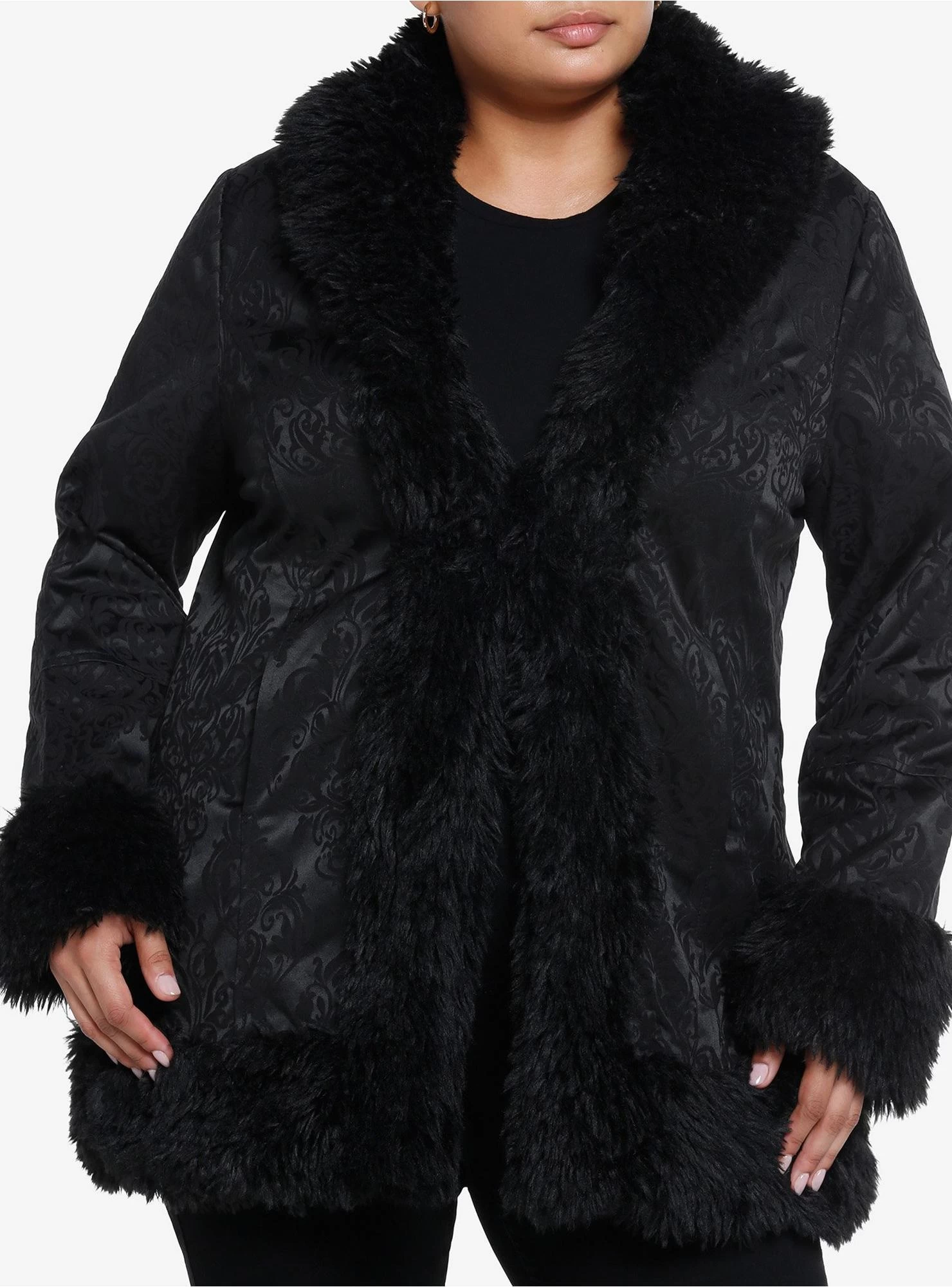 Cosmic Aura Black Brocade Faux Fur Trim Girls Jacket Plus Size