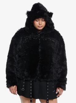Cosmic Aura Black Cat Grommet Faux Fur Girls Jacket Plus Size