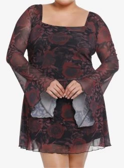Cosmic Aura Dark Rose Bell Sleeve Dress Plus Size