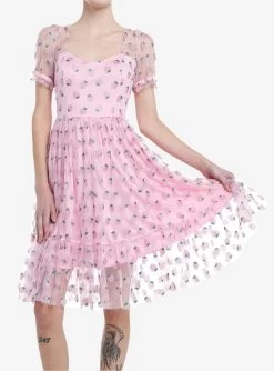 Sweet Society Pink Strawberries Mesh Puff Sleeve Dress
