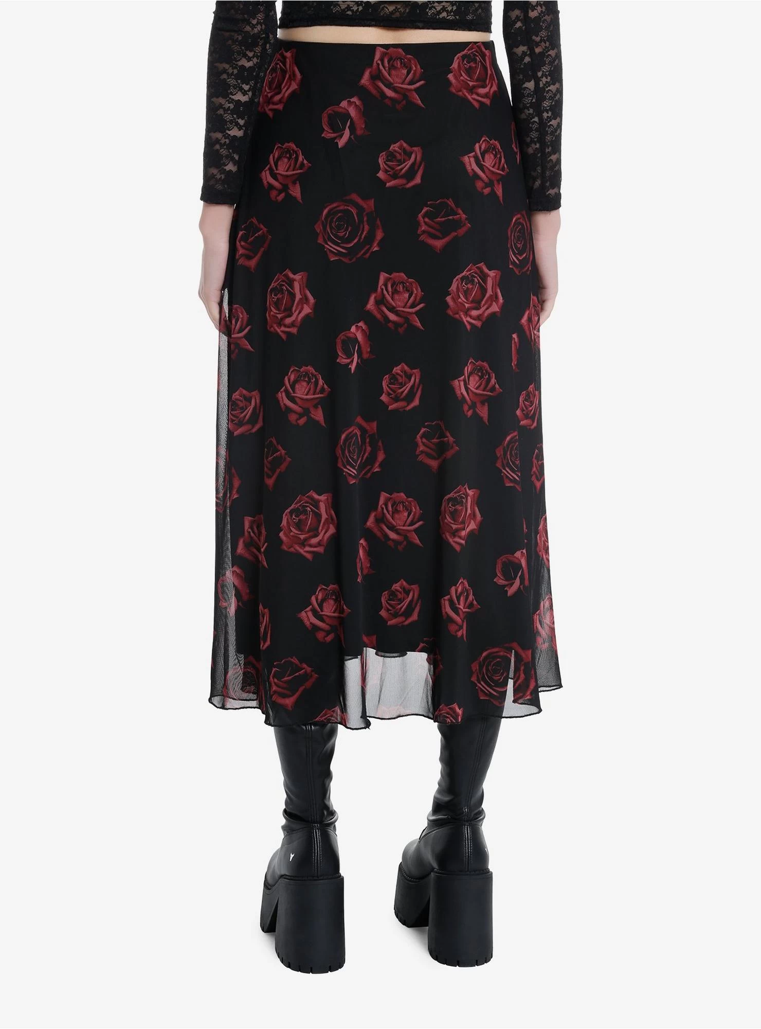 Cosmic Aura Red Rose Mesh Midi Skirt - Image 2