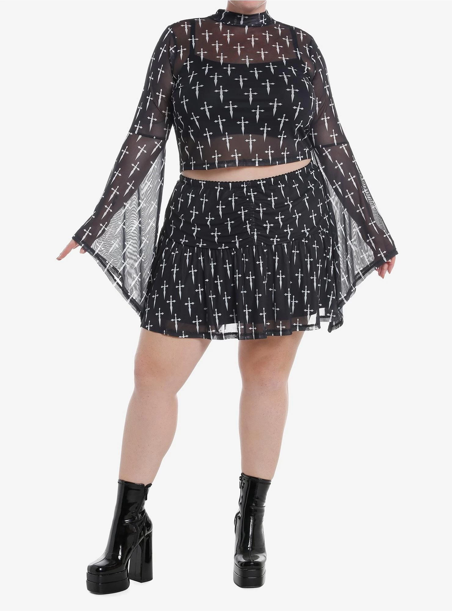 Social Collision Daggers Mesh Mock Neck Girls Twofer Top Plus Size - Image 2