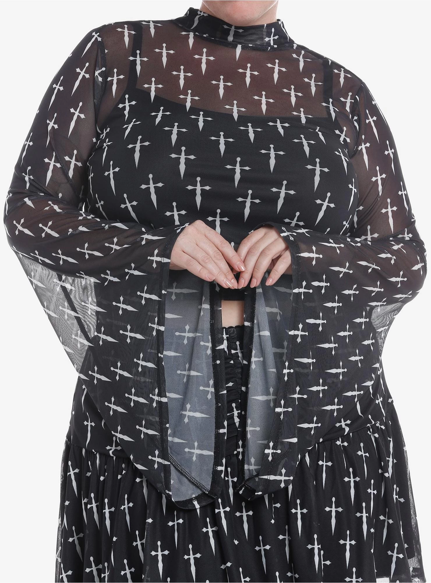 Social Collision Daggers Mesh Mock Neck Girls Twofer Top Plus Size