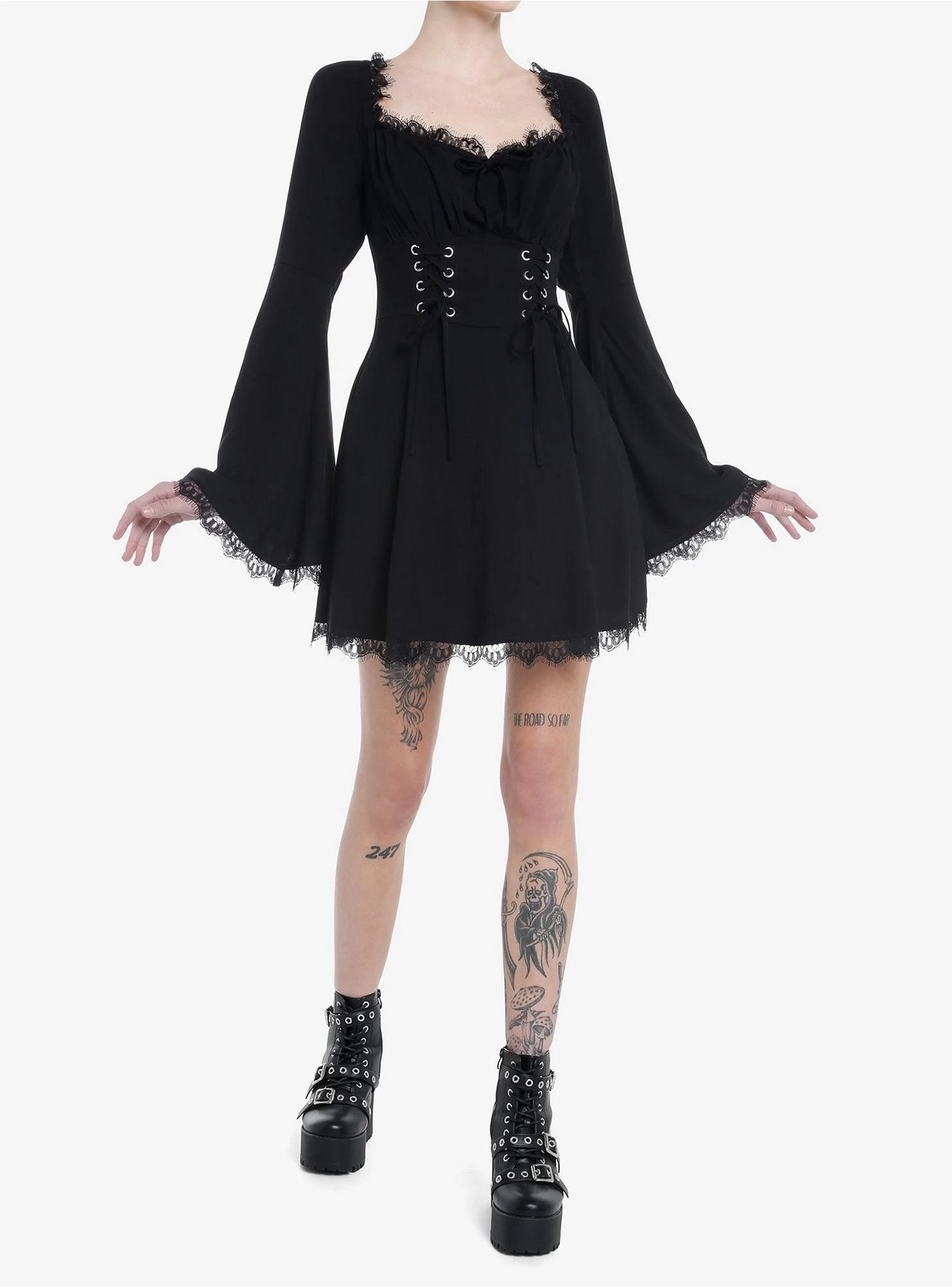 Cosmic Aura Black Lace-Up Bell Sleeve Dress - Image 2